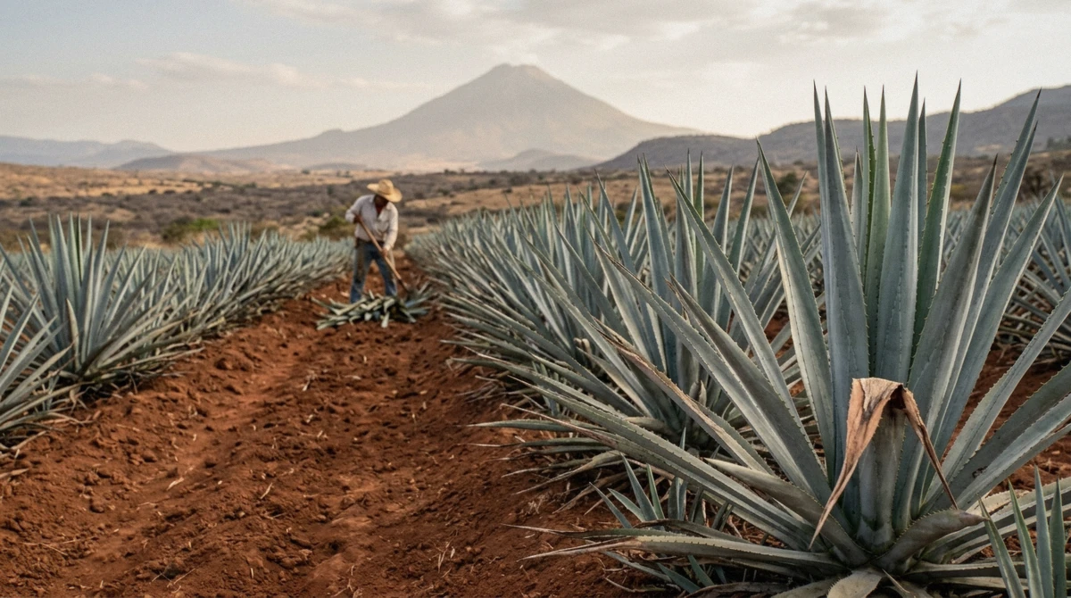 Rows of blue agave on red volcanic soil below the Tequila volcano, seen on a tequila tour from Guadalajara