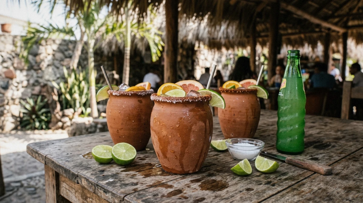 Clay cantarito cups filled with tequila, lime and grapefruit soda on a cantina table in Amatitán