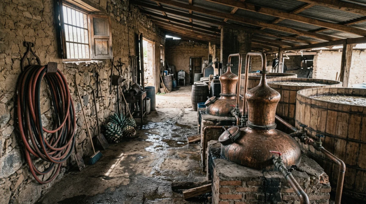 Copper pot stills and wooden fermentation tanks inside a tequila distillery in Jalisco
