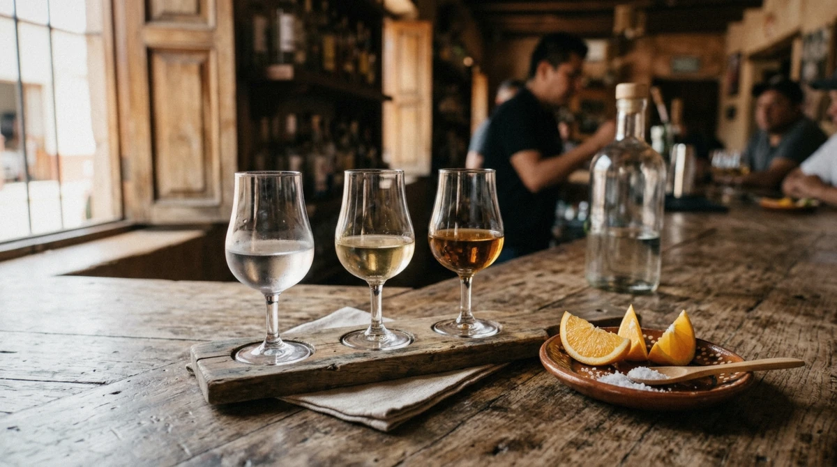 A flight of blanco, reposado and añejo tequila in copita glasses at a distillery tasting in Jalisco