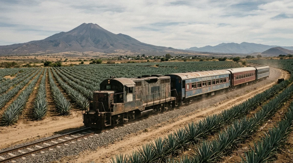 A tourist excursion train crossing the agave fields on the way to Tequila, Jalisco